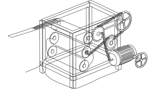 Mechanical gear system technical drawing white background.