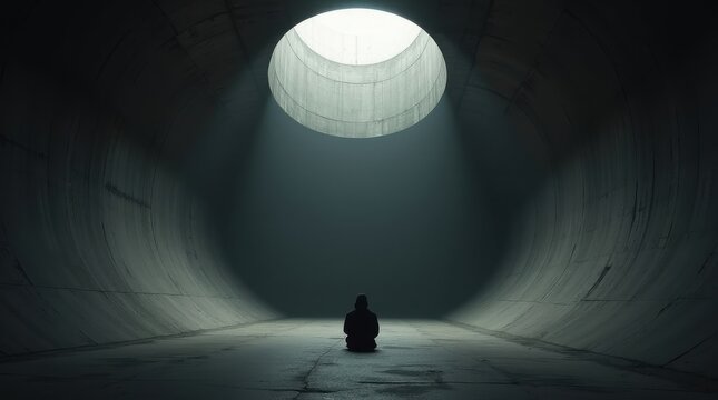 Una figura solitaria sentada en el interior de una gigantesca c&aacute;mara subterr&aacute;nea de hormig&oacute;n, con paredes curvas que se pierden en la oscuridad
