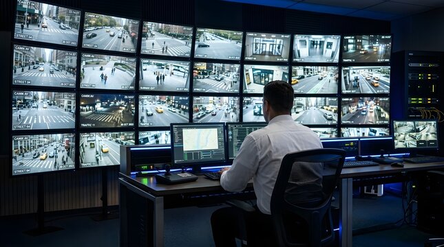 Security guard monitoring multiple security camera screens in control room