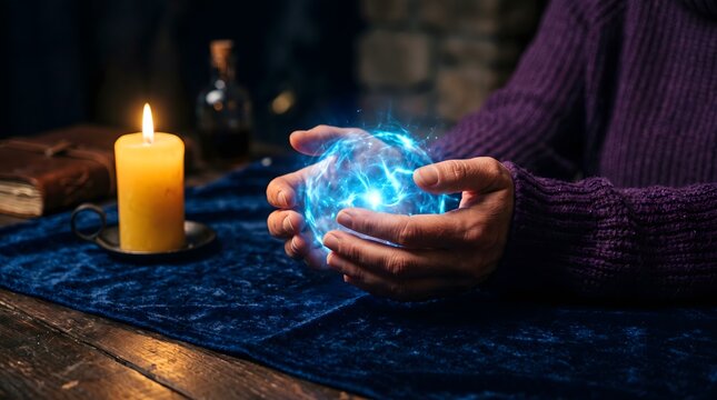 A fortune teller holding a glowing crystal ball with magical blue energy on a dark wooden table