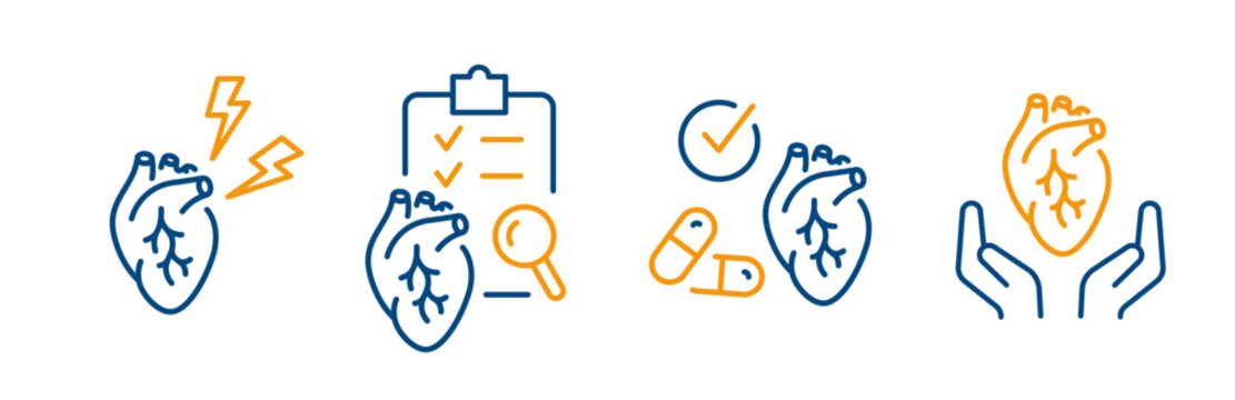 heart icons, outline icon set of pain heart, electrocardiogram examination,  failure pills, care cardiac, vector linear editable symbols on white