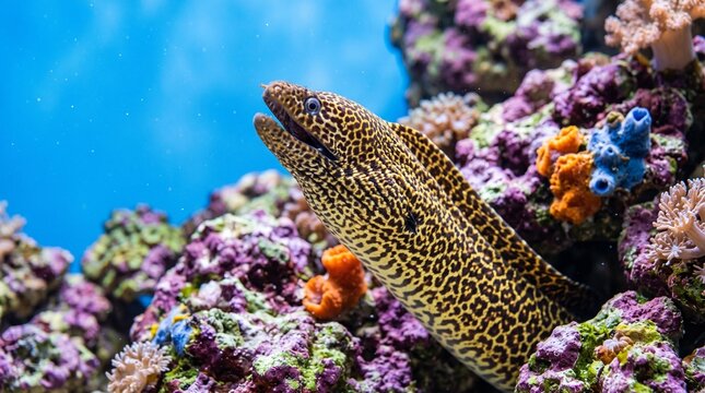 Saltwater tank eel moray, Spotted moray eel swimming among colorful coral reefs underwater