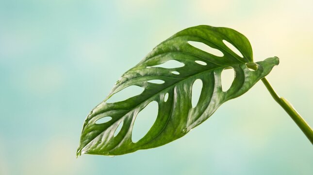 Plastic monstera adansonii leaf, Monstera adansonii leaf with holes against a soft blue sky background  