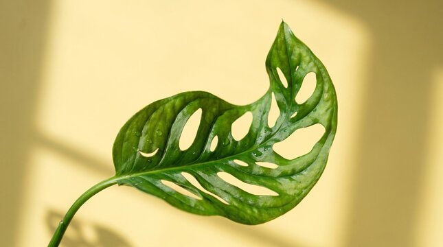 Plastic monstera adansonii leaf, Monstera adansonii leaf with holes in sunlight on yellow background  