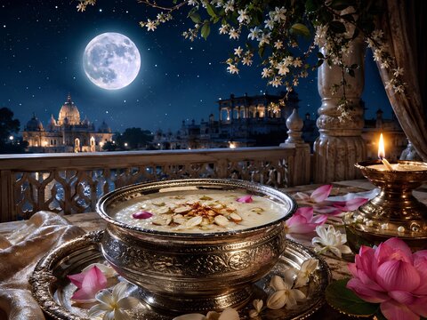 Sharad Purnima celebration banner with festive decorations - ai generative