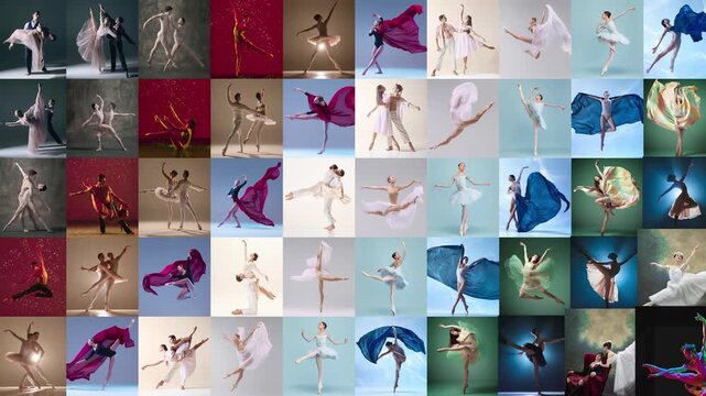Ballet dancers cascade into elegant mosaic on white background. Concept of stop motion animation, performing arts, graceful movement, cultural events and creative visual design.