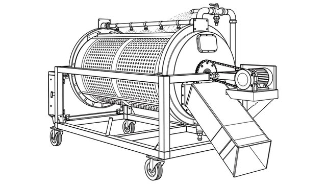 Industrial rotary drum machine white background.