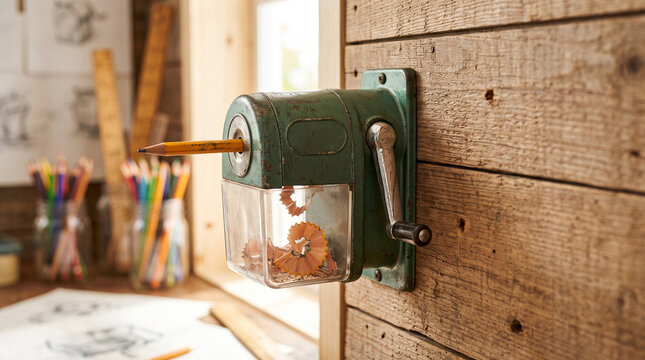 Vintage pencil sharpener wall in artist workspace  