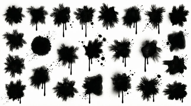 Black ink splatters and paint drips on white background set isolated.