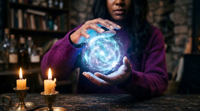 A mysterious fortune teller holding a glowing crystal ball in a dark candlelit room for divination