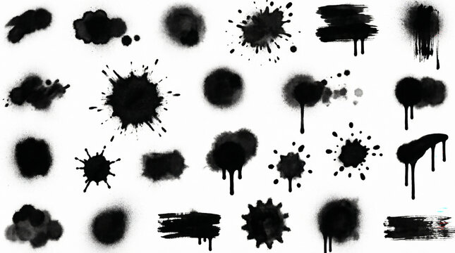 Collection of diverse black ink splatters and abstract brush strokes.