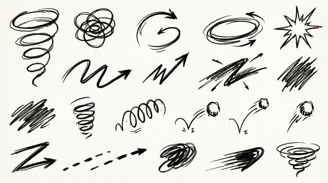 Hand drawn sketch elements like arrows, spirals, and scribbles.