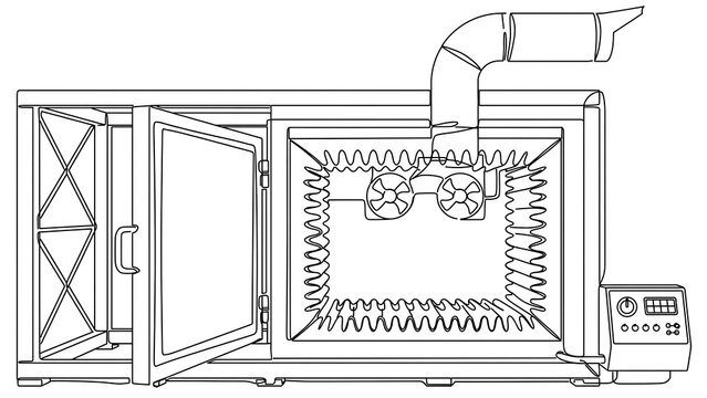 Industrial oven with conveyor belt white background.