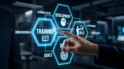 Fototapeta premium Businessman hand pointing at digital training interface with holographic education and skill icons.