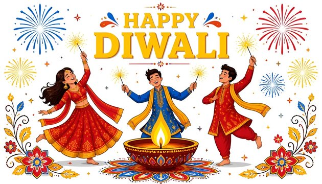 Happy Diwali festival banner with people dancing and sparklers