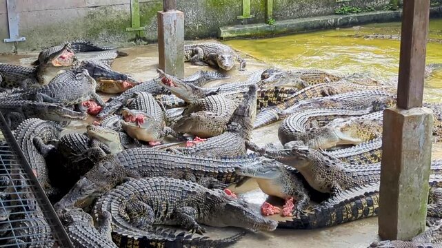 Group of Crocodiles Feeding Together at a Crocodile Farm