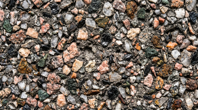 Granite aggregate texture background. Close up of rough stone pebbles and gravel surface.