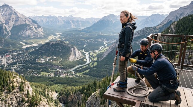 Brave Ascent: A woman stands on the precipice of a thrilling bungee jump, harnessed and ready for adventure as guides assist her, overlooking a breathtaking mountain vista.