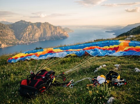 Paragliding Equipment on Hillside Overlooking Lake
