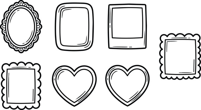 Black and white line art frames with oval, square, scalloped borders and paired heart outlines