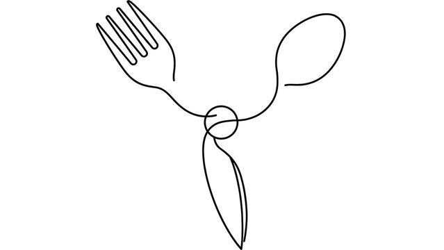 Minimalist fork and spoon drawing white background.