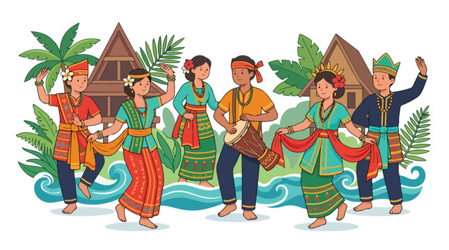 Vector Illustration of Traditional Cultural Dance with Dancing Figures in Colorful Costumes and Tropical Setting in Modern Style