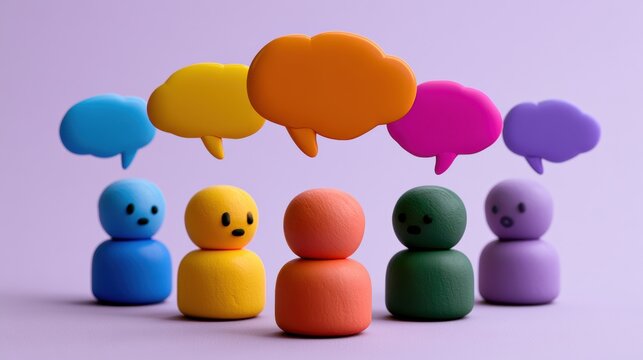 A scene with five clay figures in different colors, each with a distinctive thought bubble above. They share various ideas in a playful setting.