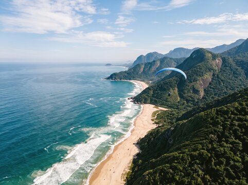 Paraglider Above a Pristine Beach: An exhilarating aerial view captures a solitary paraglider soaring gracefully above a sun-drenched, tropical beach with turquoise waters and lush, verdant mountains.