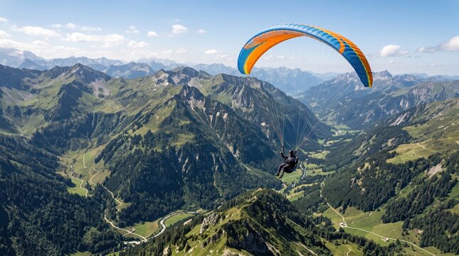 Paraglider Soaring Above Majestic Mountains: A lone paraglider navigates the vast expanse of a breathtaking mountain range, the colorful canopy a vibrant contrast against the rugged.