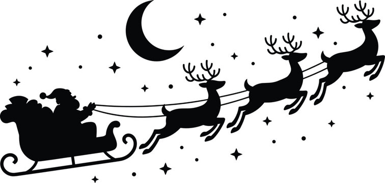 Santa Claus flying in sleigh with reindeer team silhouette across starry winter night sky Christmas holiday vector illustration
