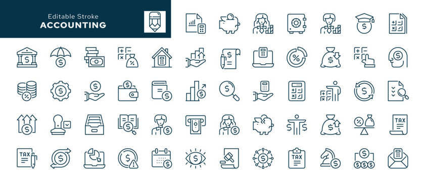 Accounting outline icons set. Accountant, financial calculation,audit and analysis, risk, savings, income, expenses, assets. Line icon in linear style. Vector collection