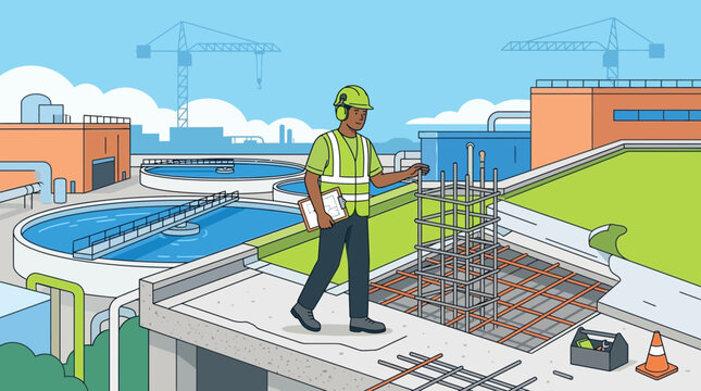 Construction worker overseeing water treatment plant upgrade on transparent background