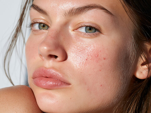 Close up portrait young woman clear skin natural makeup healthy complexion visible pores acne redness beauty confidence sunlight