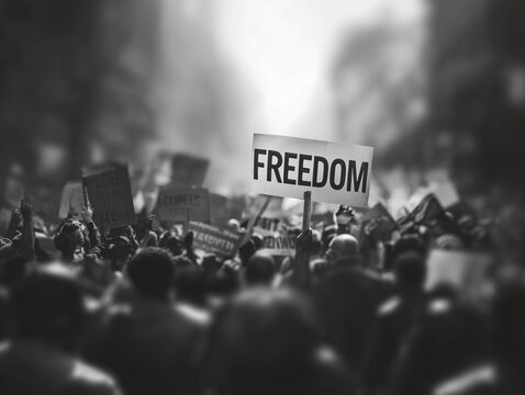 Large crowd protest freedom sign activism demonstration urban street African American unity social movement passionate atmosphere