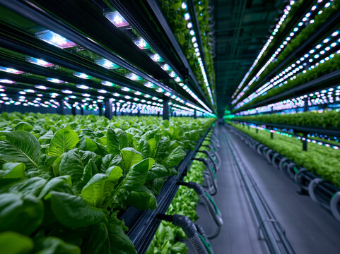 Indoor vertical farm hydroponic lettuce green leafy vegetable modern agriculture LED lighting sustainable farming technology rows futuristic healthy food Indoor vertical farm with hydroponic