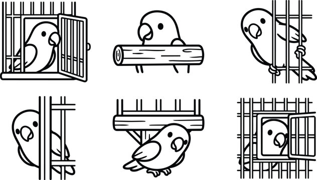 Black and white cartoon parrots in varied cages and on wooden perches, arranged as playful line art collection