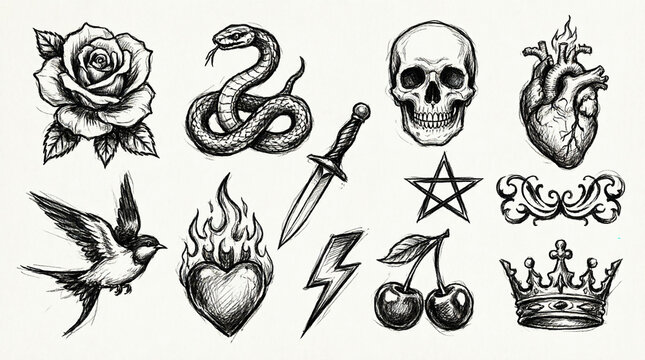 Collection of classic tattoo style illustrations and symbols.
