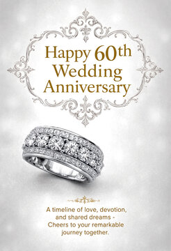 Elegant diamond wedding anniversary ring with heartfelt message and ornate frame celebration card design