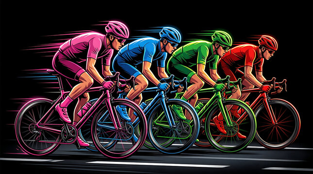 Group of professional cyclists in colorful jerseys racing on road bikes, dynamic motion blur effect, high speed competition on a dark background