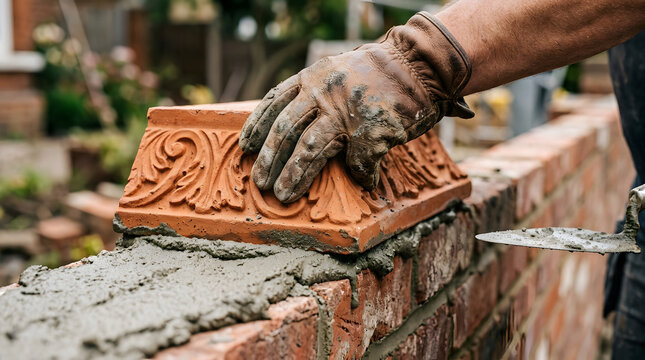Mason carefully places a decorative architectural brick cap onto newly laid mortar during a residential garden wall construction project.