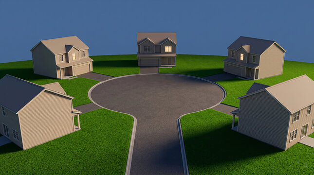 3D Render of Identical Suburban Houses in a Quiet Cul-de-sac