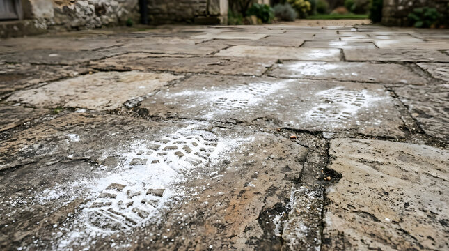 White powdery footprints marked along old weathered stone paving slabs outdoors on a courtyard floor