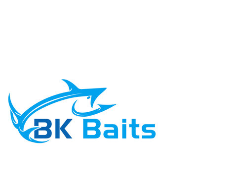 Stylized shark and fishing hook logo with text on a white background