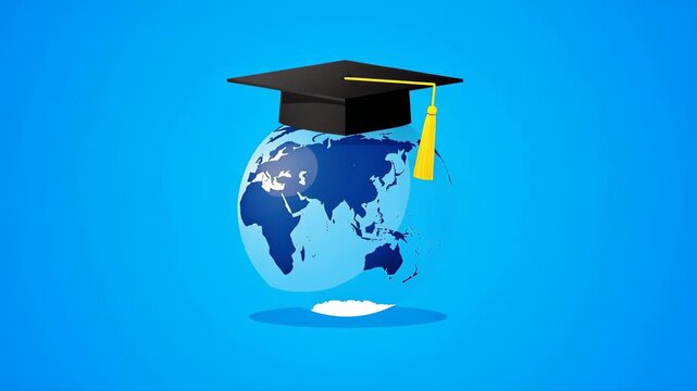 Vibrant animation of a globe wearing a graduation cap symbolizing global education and worldwide learning