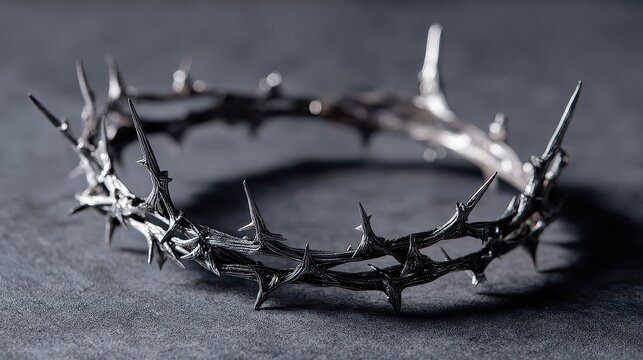Silver metal thorn crown resting on dark surface for gothic fashion or religious concept
