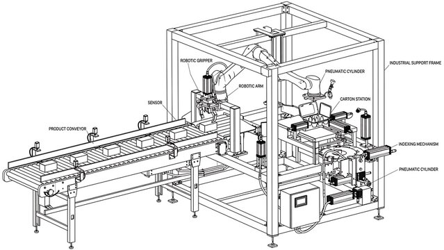 Industrial packaging machine line white background.