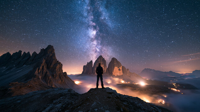 Silhouetted Hiker Under Milky Way in Dolomite Mountains