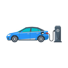 Naklejka premium A blue sedan is connected to a charging post with a power symbol. The image depicts modern electric vehicle infrastructure.