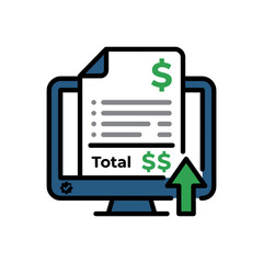 Obraz premium A computer screen displays a document with a dollar sign. An upward green arrow indicates rising costs.