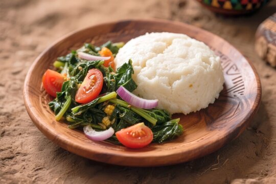 Traditional African Ugali Mima Served with Sukuma Wiki Greens and Tomatoes on Wooden Plate